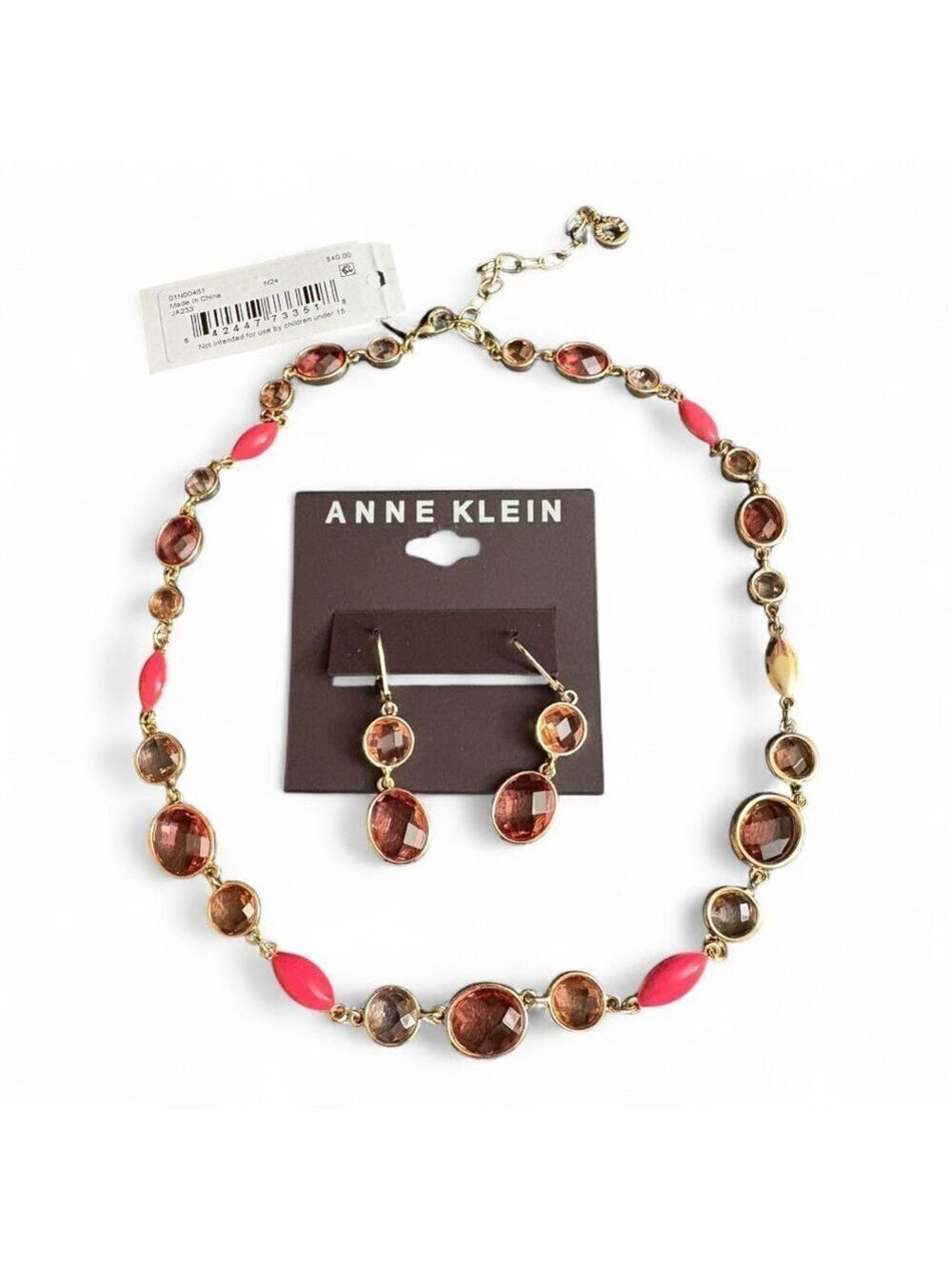 Anne Klein Gold and Pink Necklace and Earring Set NWT